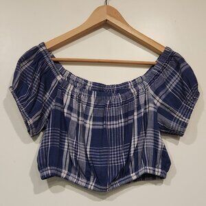 American Eagle Blue Plaid Off-Shoulder Women's Top